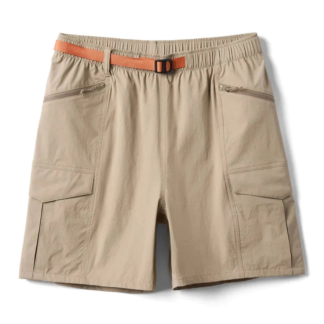 Men's khaki cargo shorts quick-dry water-resistant nylon blend with elastic waistband and adjustable belt