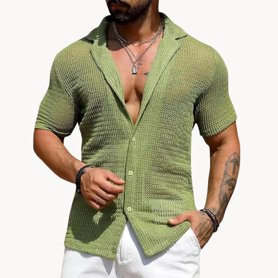Men's beige hollow knit mesh button-down summer shirt open streetwear breathable lightweight
