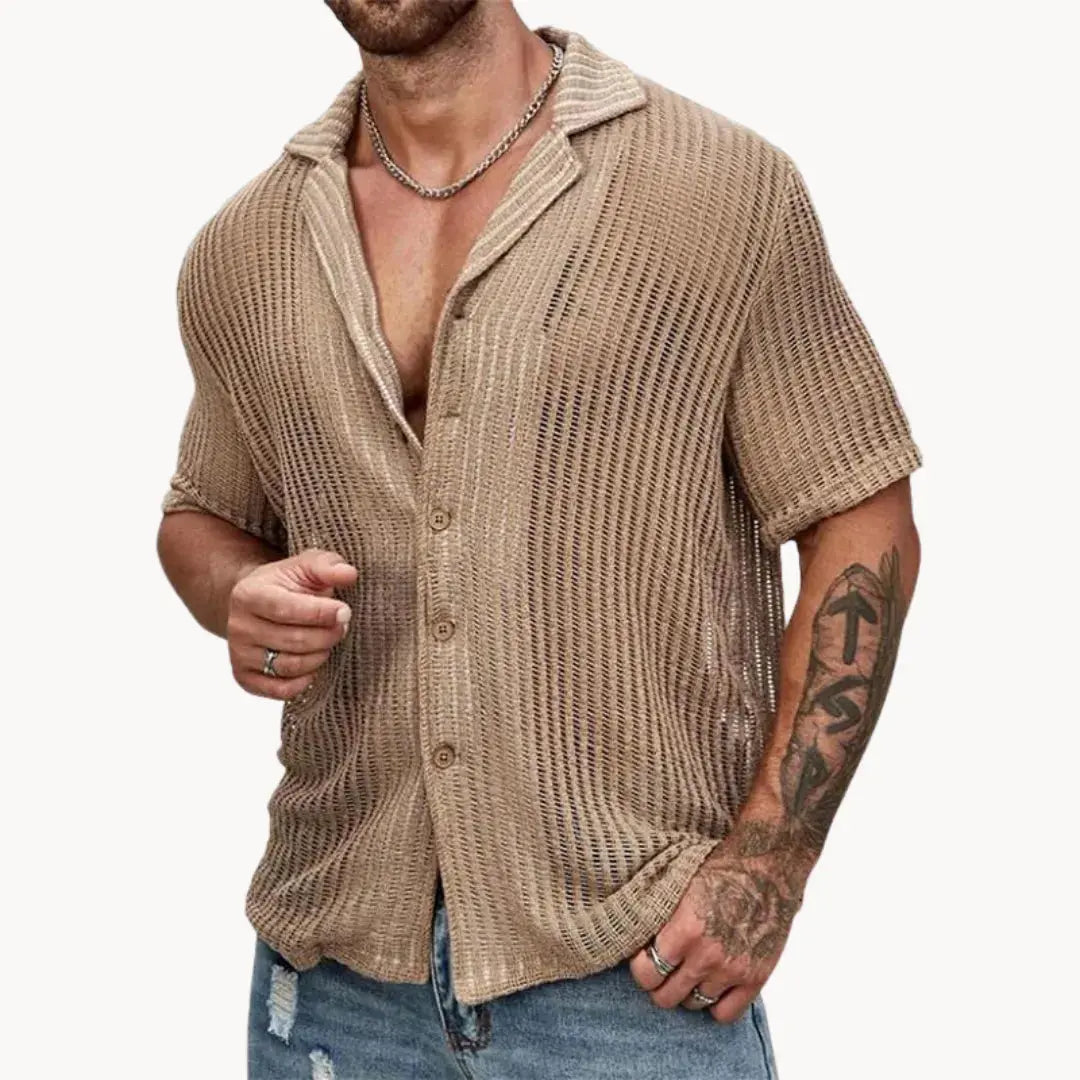 Men's beige hollow knit mesh button-down summer shirt open-collar breathable streetwear essential