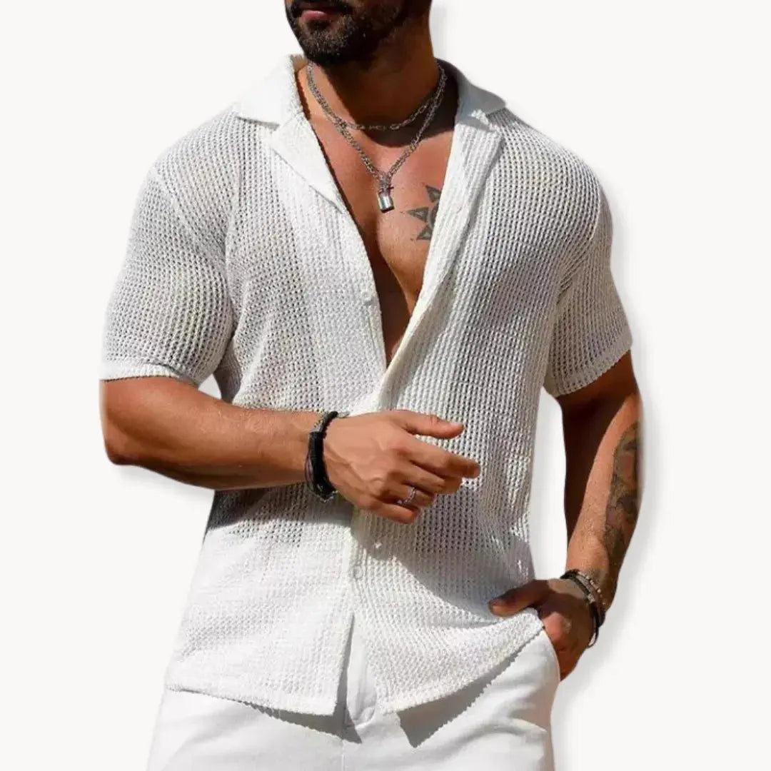 Men's beige hollow knit mesh button-down summer shirt open chest breathable streetwear
