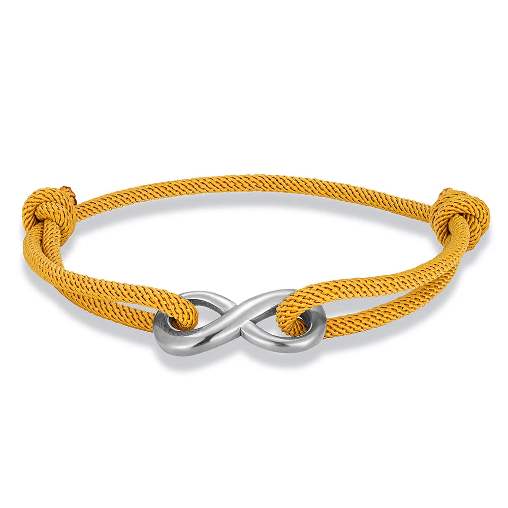 Adjustable braided cord bracelet with stainless steel infinity charm minimalist unisex everyday style