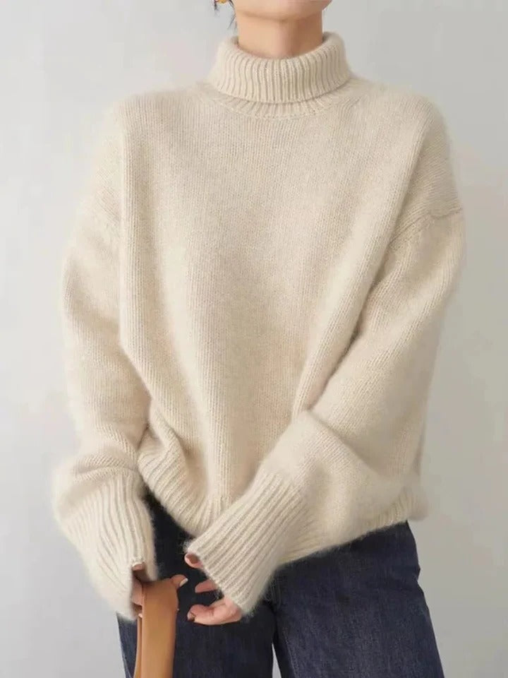 Women's ivory turtleneck sweater smooth knit refined silhouette high neckline cozy versatile fit
