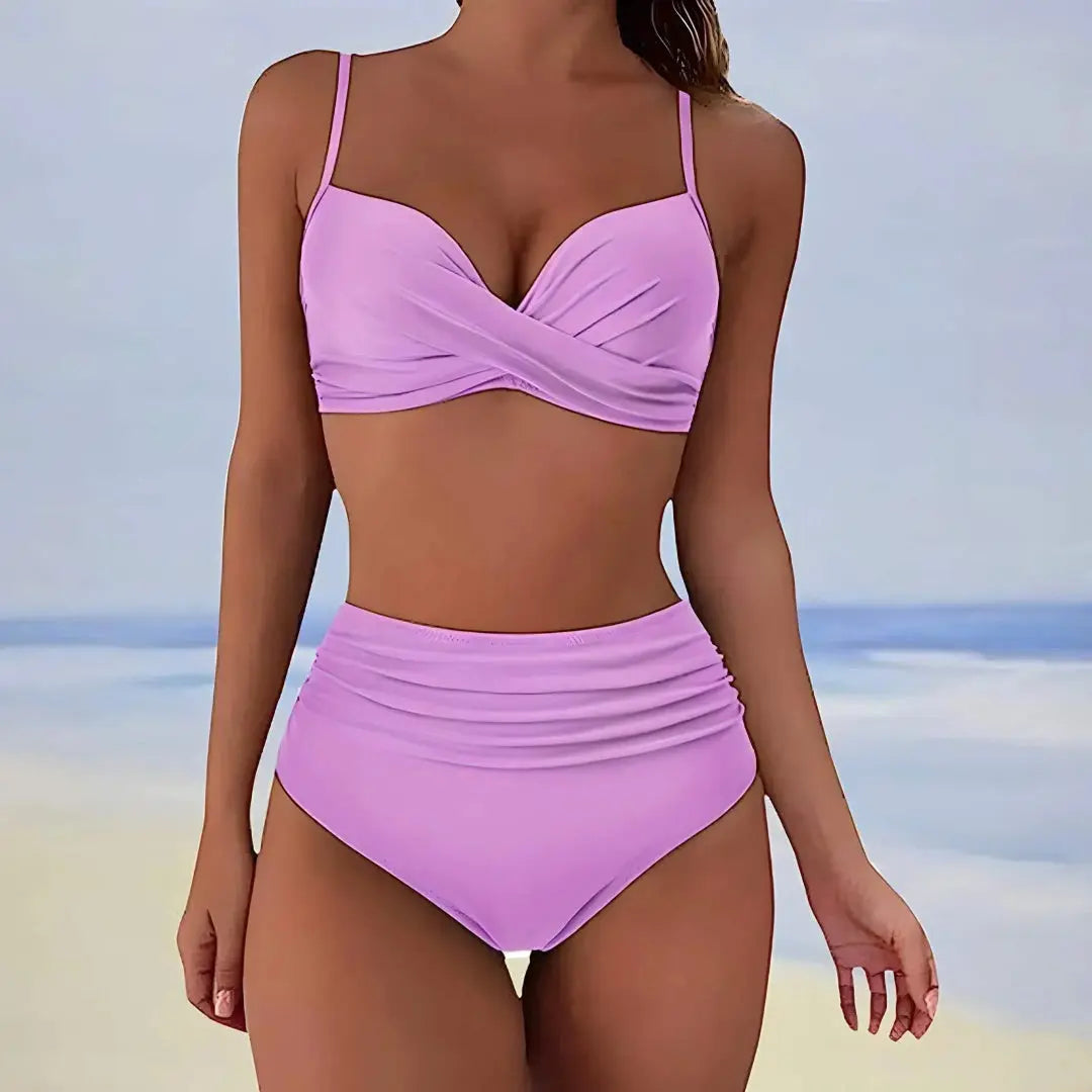 Women's twist-front high-waisted ruched bikini set with adjustable spaghetti straps for flattering fit