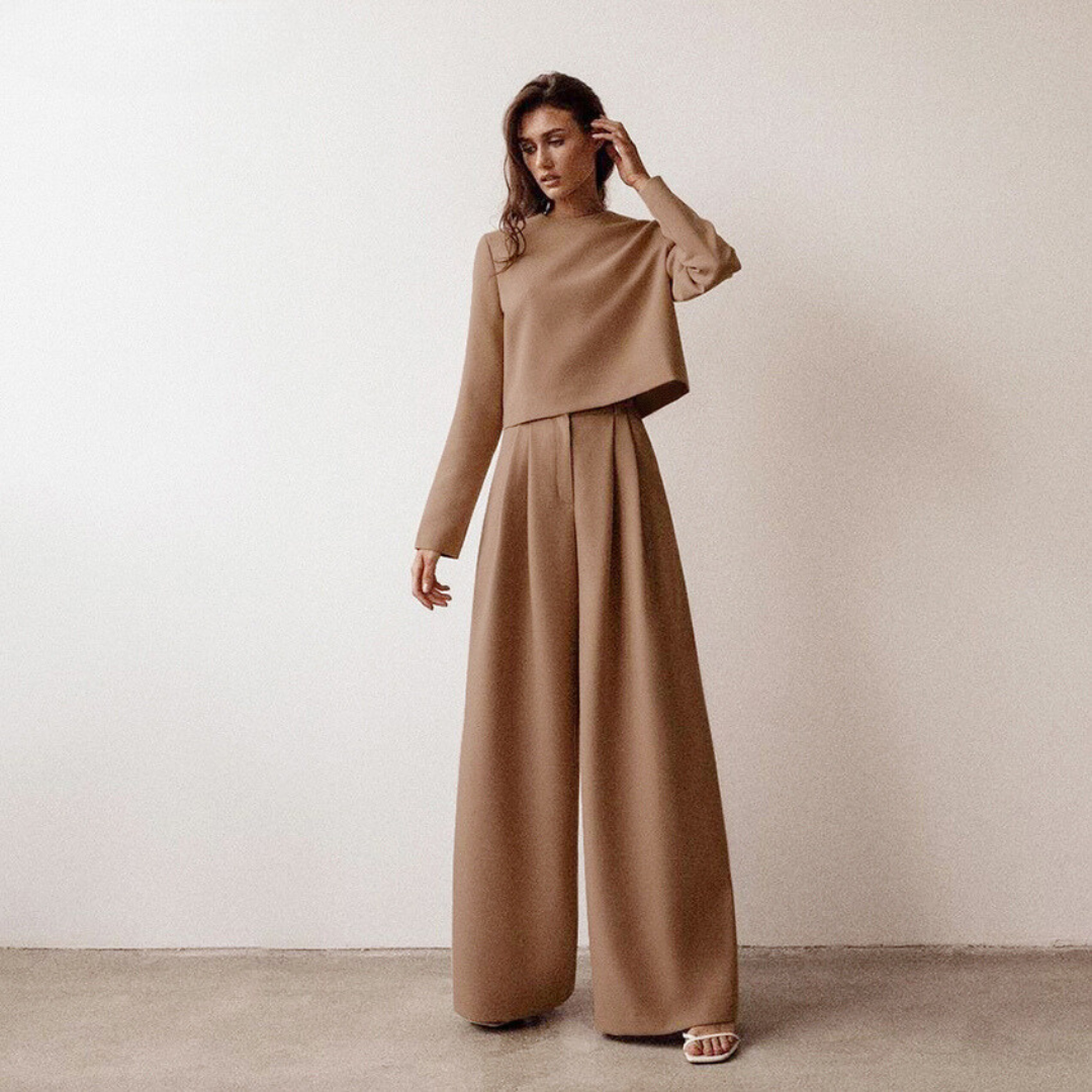 Elegant women's two-piece set wide-leg trousers coordinated blouse formal polished silhouette