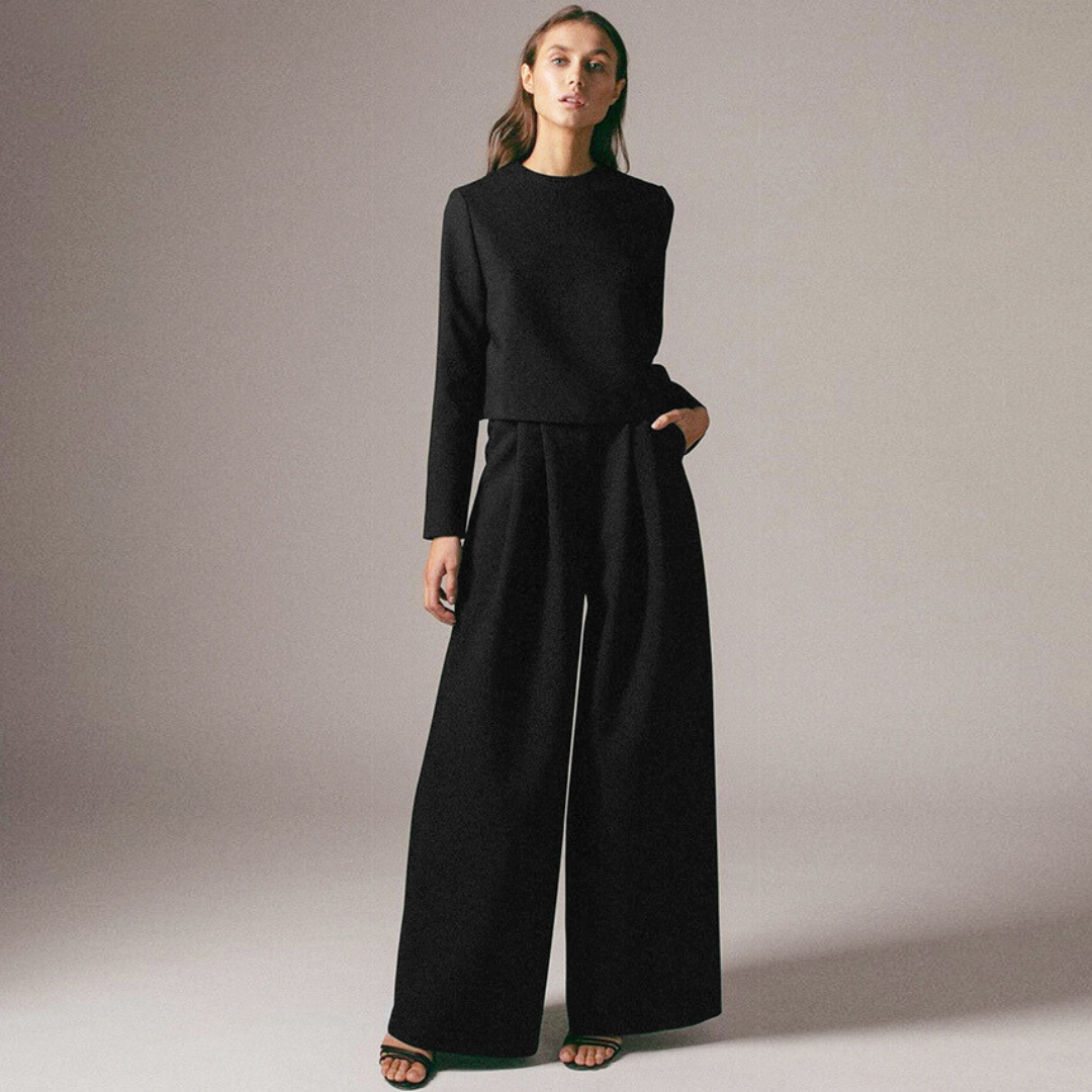 Elegant women's two-piece set wide-leg trousers coordinated blouse formal polished silhouette