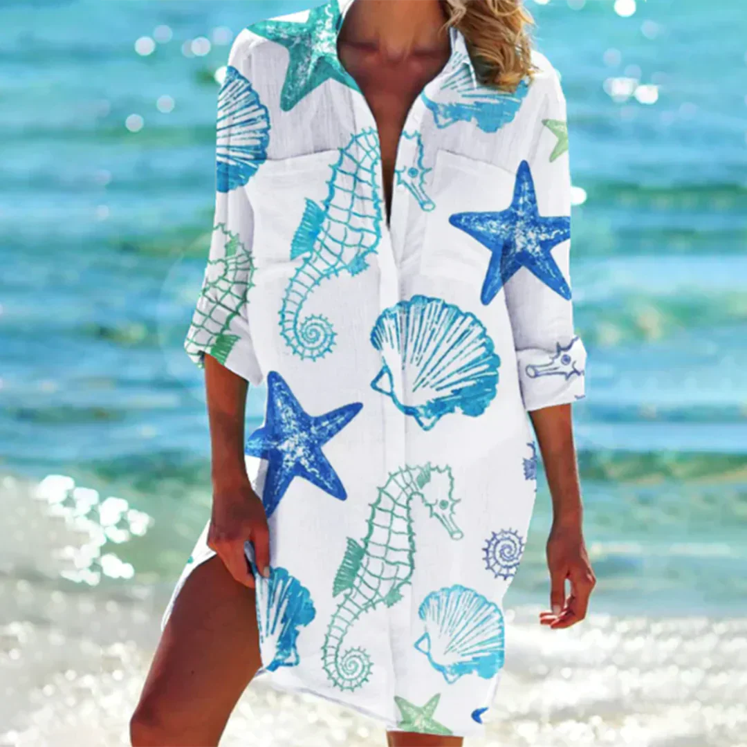 Women's tie-dye shirt dress loose breathable viscose summer beach cover-up casual style