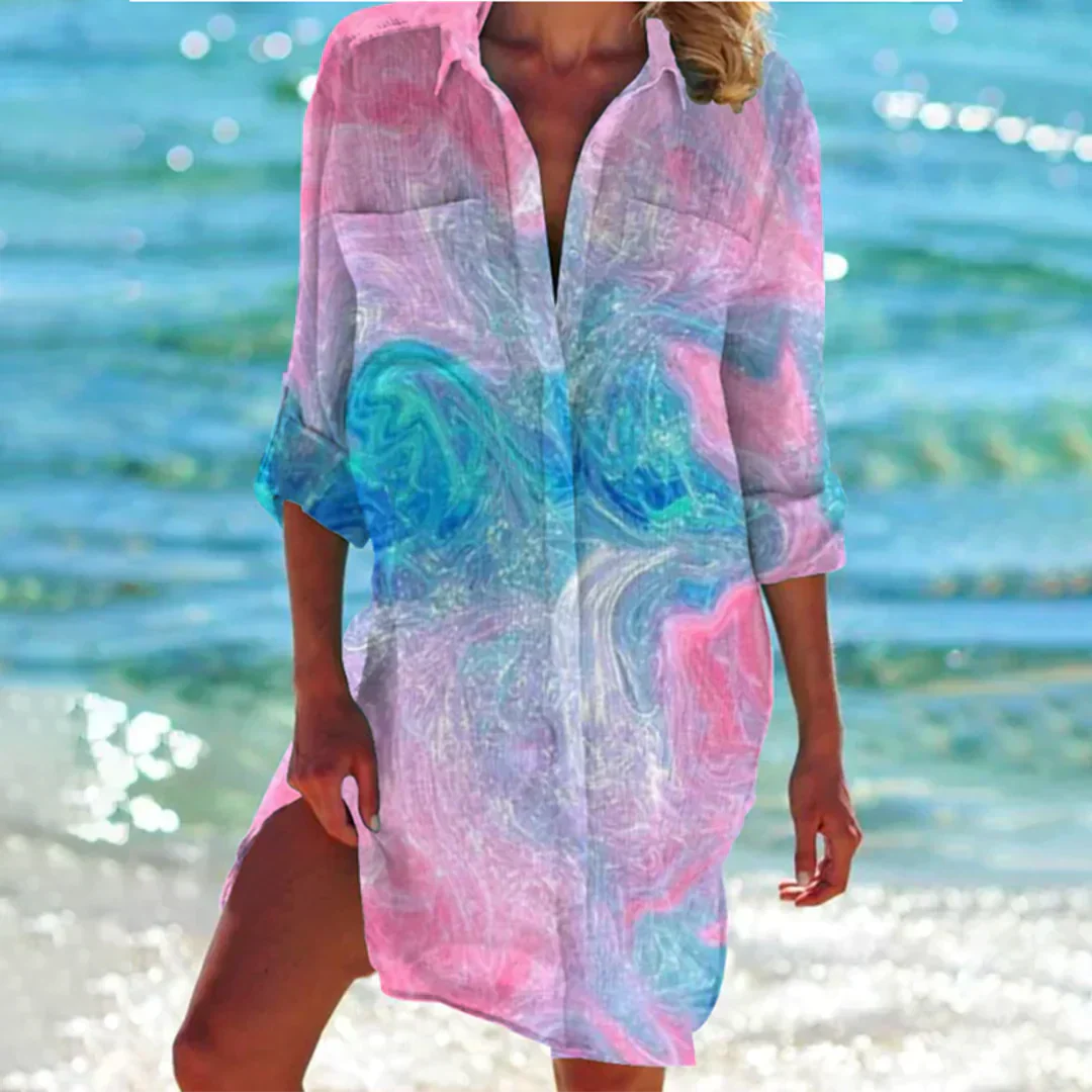 Women's tie-dye shirt dress loose fit breathable lightweight viscose summer beach style