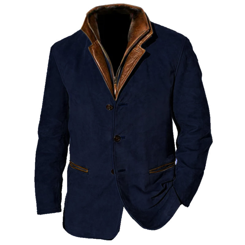 Men's dark winter jacket with notch lapel and button closure, slim business casual silhouette
