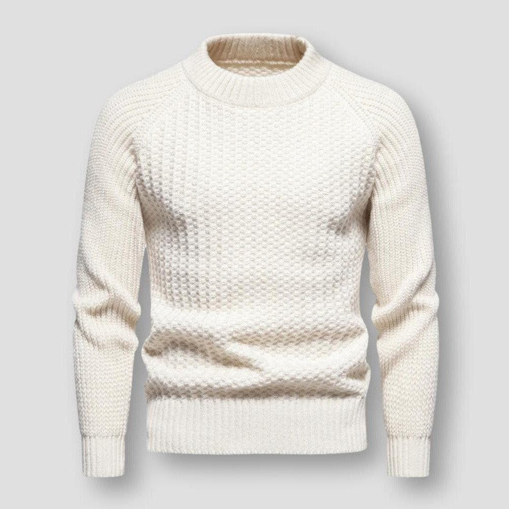 Men's cream waffle knit pullover sweatshirt with allover globe pattern, cozy relaxed fit