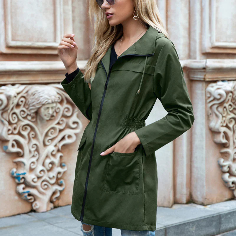Women's lightweight casual rain jacket with drawstring hood, flattering waist cinch, versatile outerwear