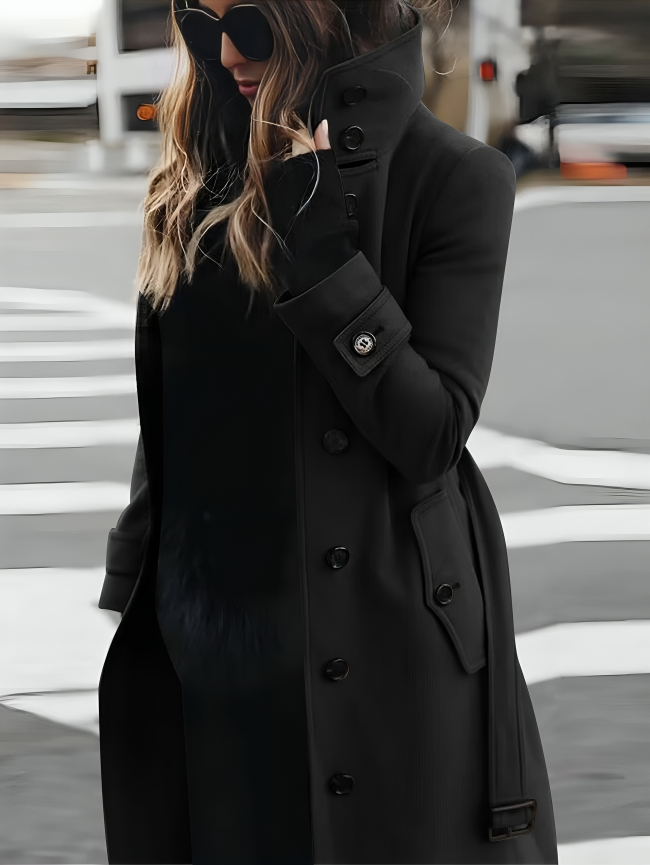 Elizabeth women's high collar button trench coat structured tailored silhouette elegant outerwear