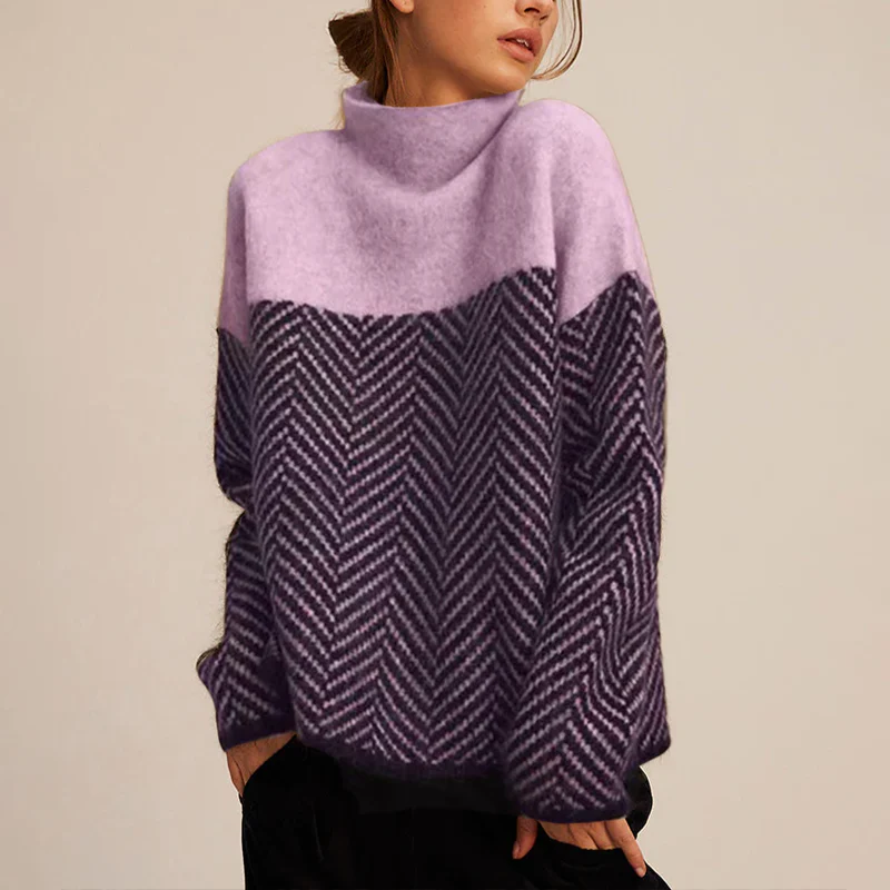 Women's cashmere turtleneck sweater with two-tone chevron pattern, luxuriously soft cold-weather knit