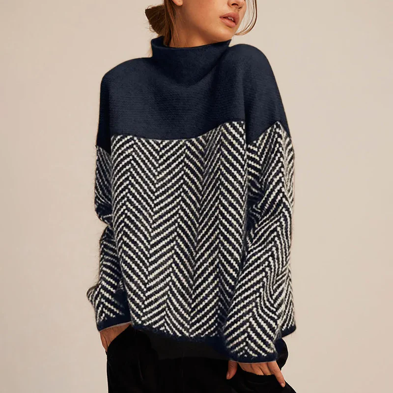 Women's cashmere turtleneck sweater, two-tone chevron pattern, luxurious soft knit cold-weather style