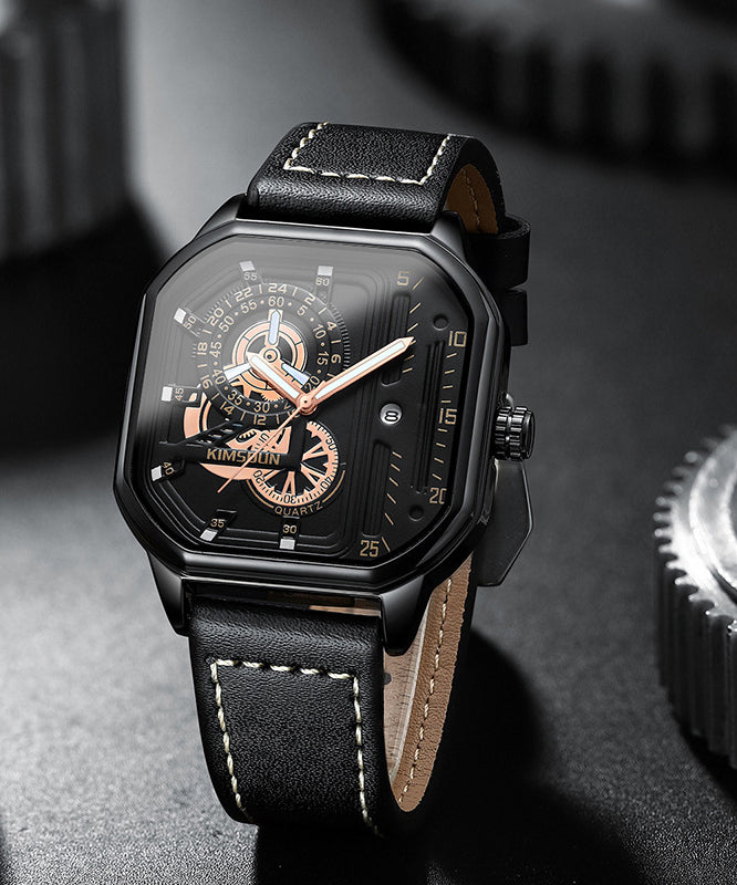 Montres uniques en cuir noir avec mouvement à quartz noctilucent - Urbann-Vibe