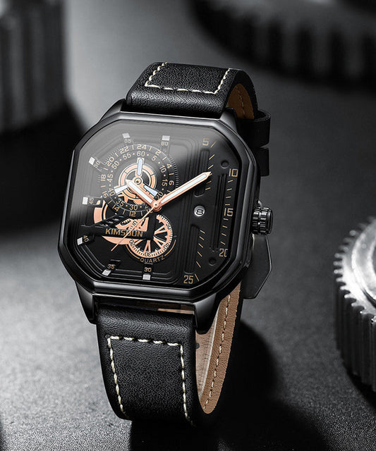 Montres uniques en cuir noir avec mouvement à quartz noctilucent - Urbann-Vibe