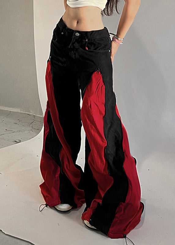 Pantalon large en coton noir à cordon de serrage et patchwork unique pour le printemps - Urbann-Vibe