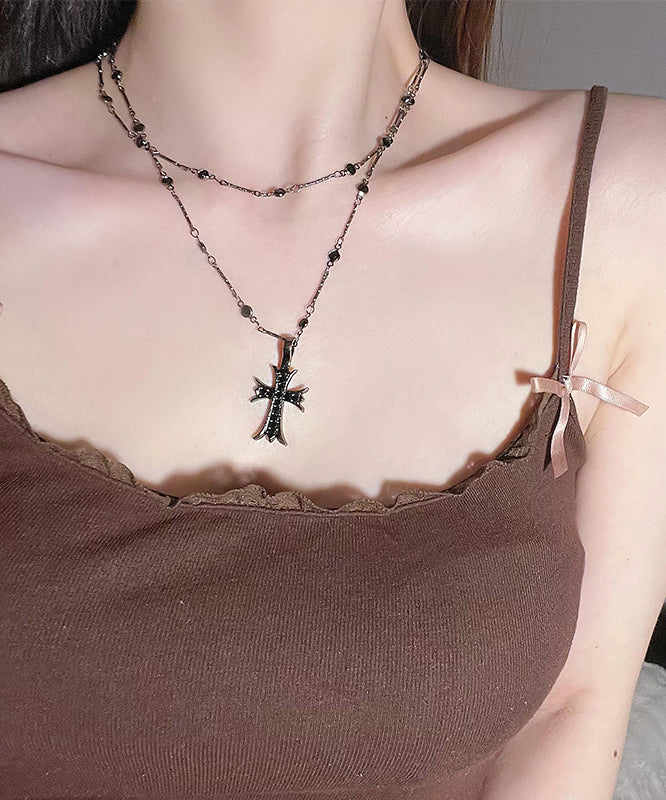 Collier pendentif croix double couche unique en acier inoxydable noir - Urbann-Vibe