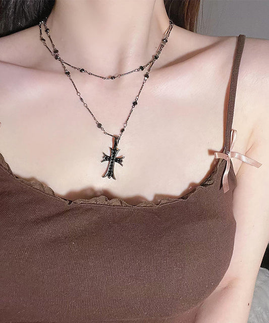 Collier pendentif croix double couche unique en acier inoxydable noir - Urbann-Vibe