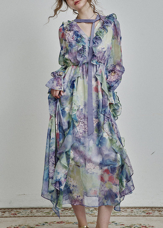 Robe longue en mousseline de soie bleue unique à col en V et volants, imprimée, printemps - Urbann-Vibe