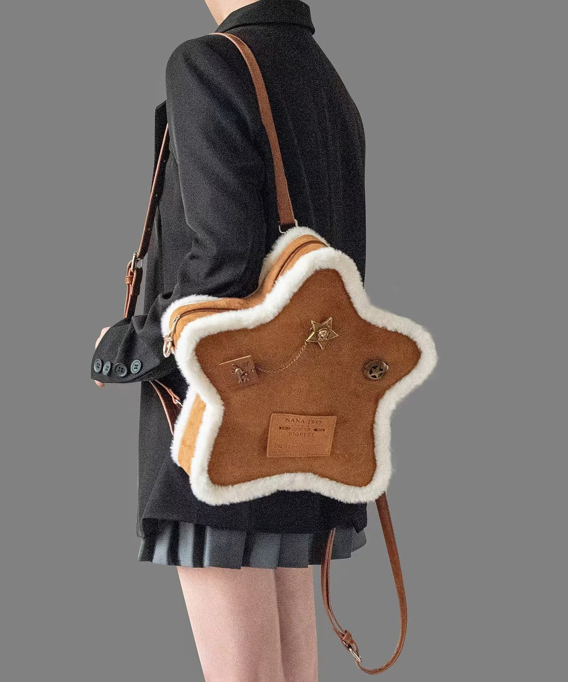 Sac à dos unique en faux daim marron à motif étoile à cinq branches - Urbann-Vibe