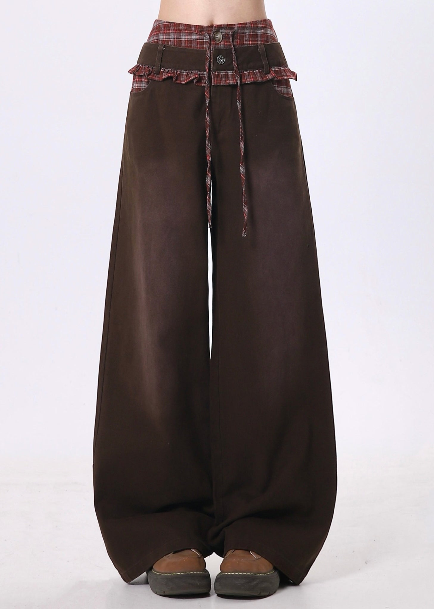 Pantalon patchwork en coton marron à volants, style unique, pour le printemps - Urbann-Vibe