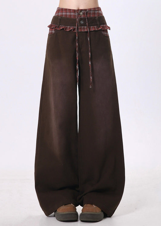 Pantalon patchwork en coton marron à volants, style unique, pour le printemps - Urbann-Vibe