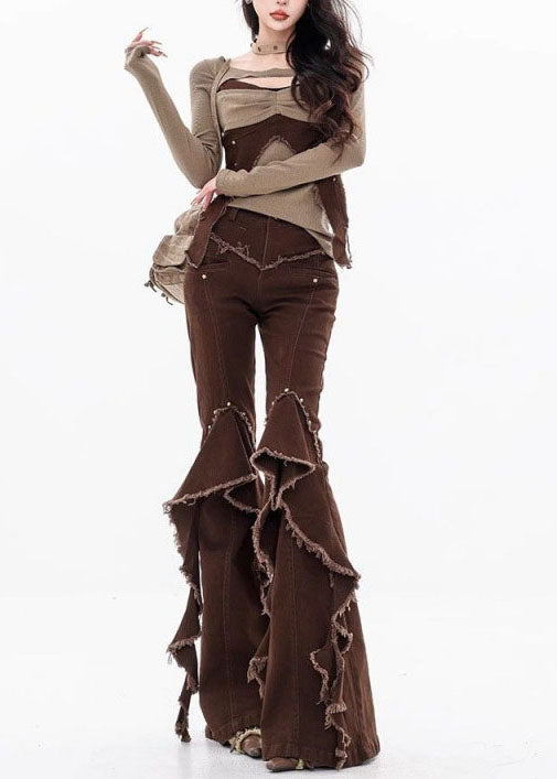Pantalon en denim patchwork à volants et pompons marron unique pour l'automne - Urbann-Vibe
