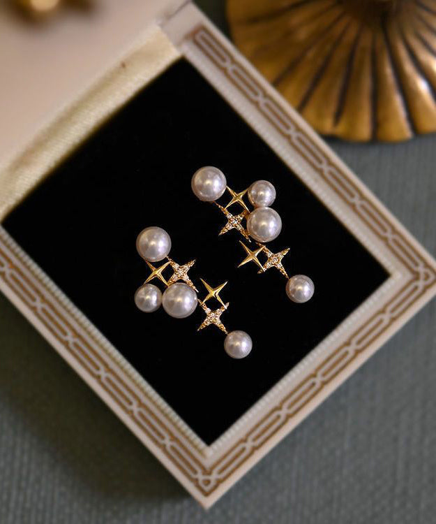 Boucles d'oreilles à tige en argent sterling et perles dorées uniques - Urbann-Vibe