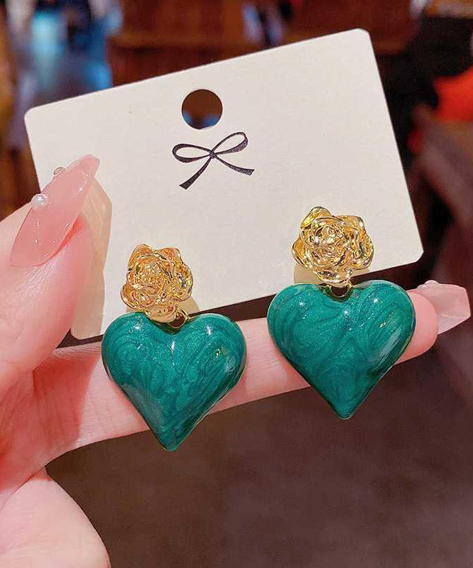 Boucles d'oreilles pendantes uniques en alliage vert émaillé rose Love - Urbann-Vibe