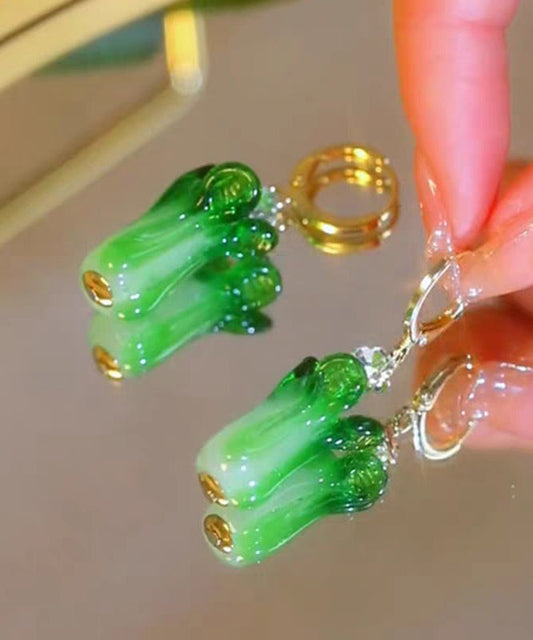Boucles d'oreilles pendantes uniques en argent sterling vert avec glaçure colorée en forme de chou chinois - Urbann-Vibe