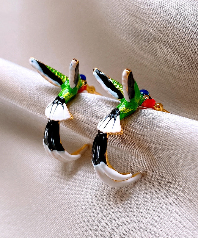 Boucles d'oreilles créoles uniques en cuivre émaillé multicolore à motif de petits oiseaux - Urbann-Vibe