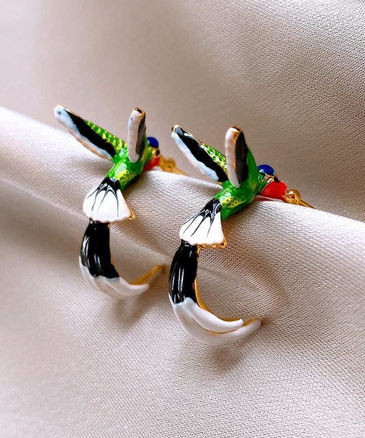 Boucles d'oreilles créoles uniques en cuivre émaillé multicolore à motif de petits oiseaux - Urbann-Vibe