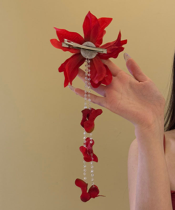 Épingle à cheveux unique en forme de pompon avec perles de rocaille florales rouges - Urbann-Vibe