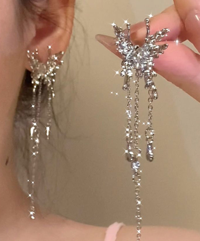 Boucles d'oreilles pendantes uniques en alliage de métal et soie avec pampilles papillon et zircon - Urbann-Vibe