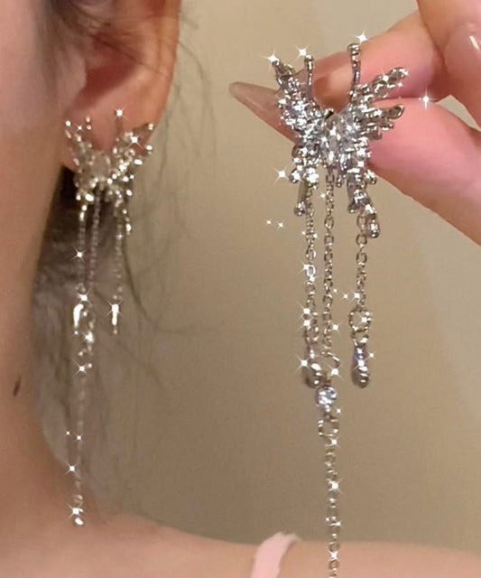 Boucles d'oreilles pendantes uniques en alliage de métal et soie avec pampilles papillon et zircon - Urbann-Vibe
