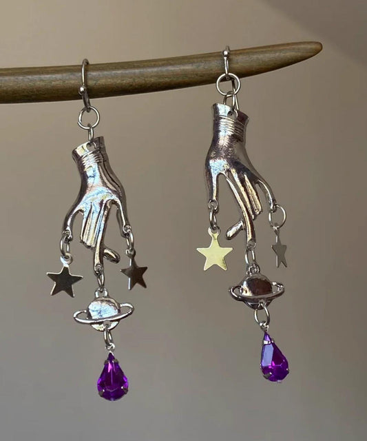 Boucles d'oreilles pendantes uniques en soie, acier inoxydable et cristal, ornées d'une étoile à cinq branches. - Urbann-Vibe