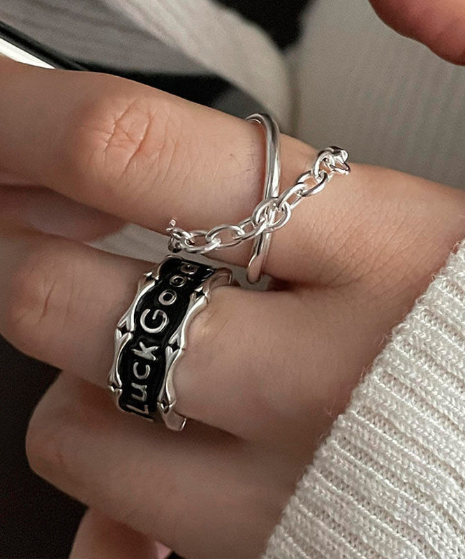 Ensemble de deux bagues uniques en argent sterling et soie, motif patchwork graphique - Urbann-Vibe