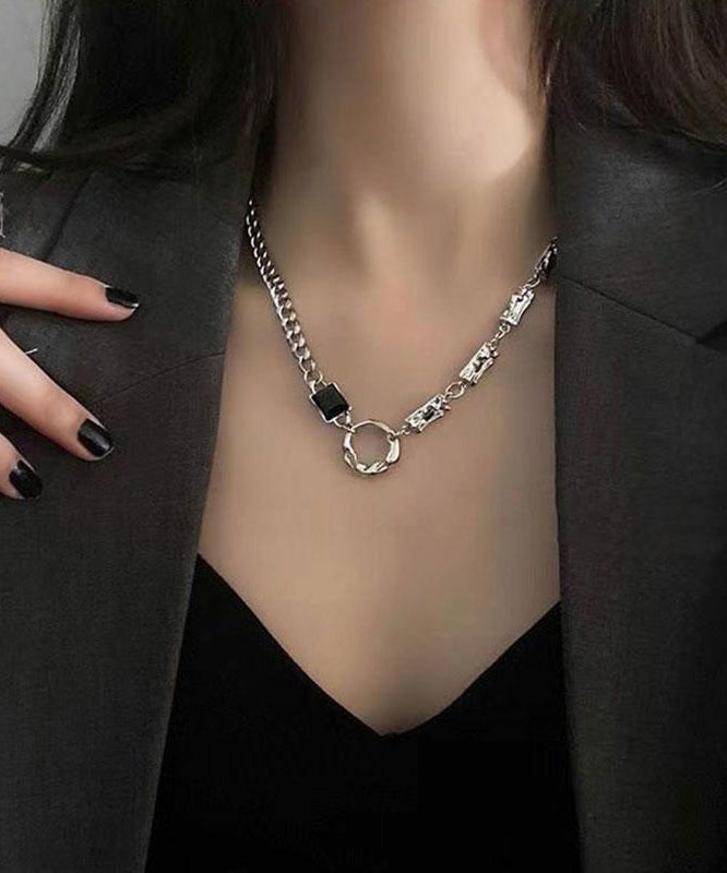 Collier sautoir asymétrique unique en soie, argent sterling et obsidienne patchwork - Urbann-Vibe