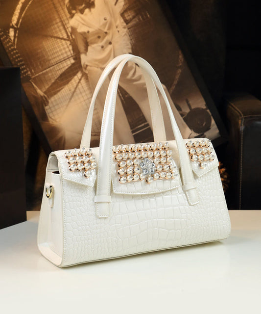 Sac fourre-tout unique en similicuir blanc à motif alligator et zircon - Urbann-Vibe