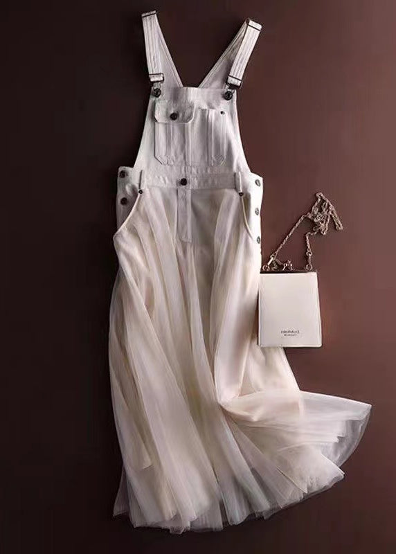Denim and grey tulle patchwork summer dress with artisanal texture overlay and effortless movement