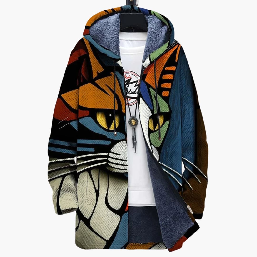 Unisex cat print zip-up cardigan hoodie with drawstring hood and front pockets, cozy casual fit