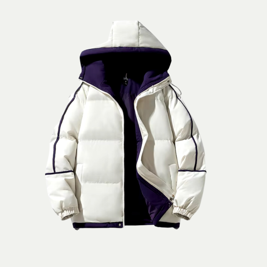 Women's oversized hooded puffer jacket two-tone contrast interior piped detailing relaxed winter fit