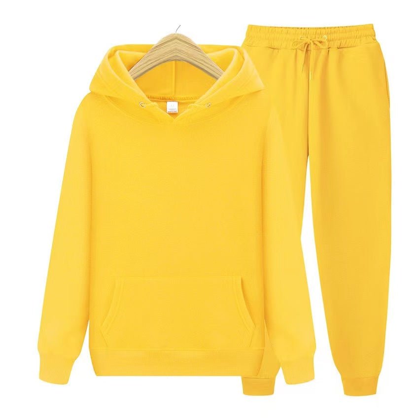 Unisex relaxed-fit hoodie and jogger set in soft cotton-polyester blend for everyday comfort
