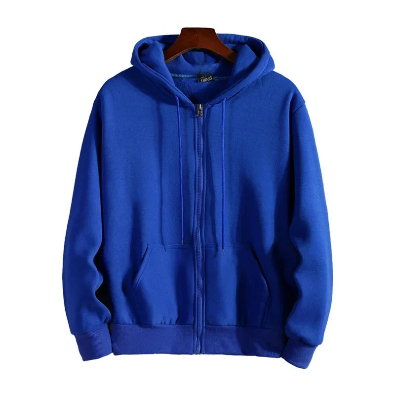 Gray unisex zip-up hoodie with fleece lining, relaxed fit couples essential for all seasons