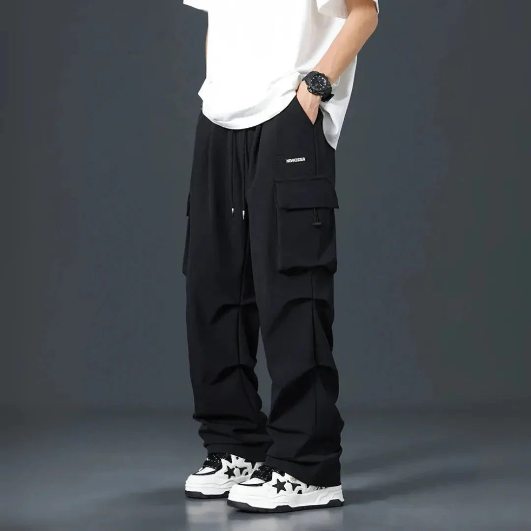 Men's olive cargo pants oversized streetwear fit with multi-pocket utility and adjustable drawstring waist
