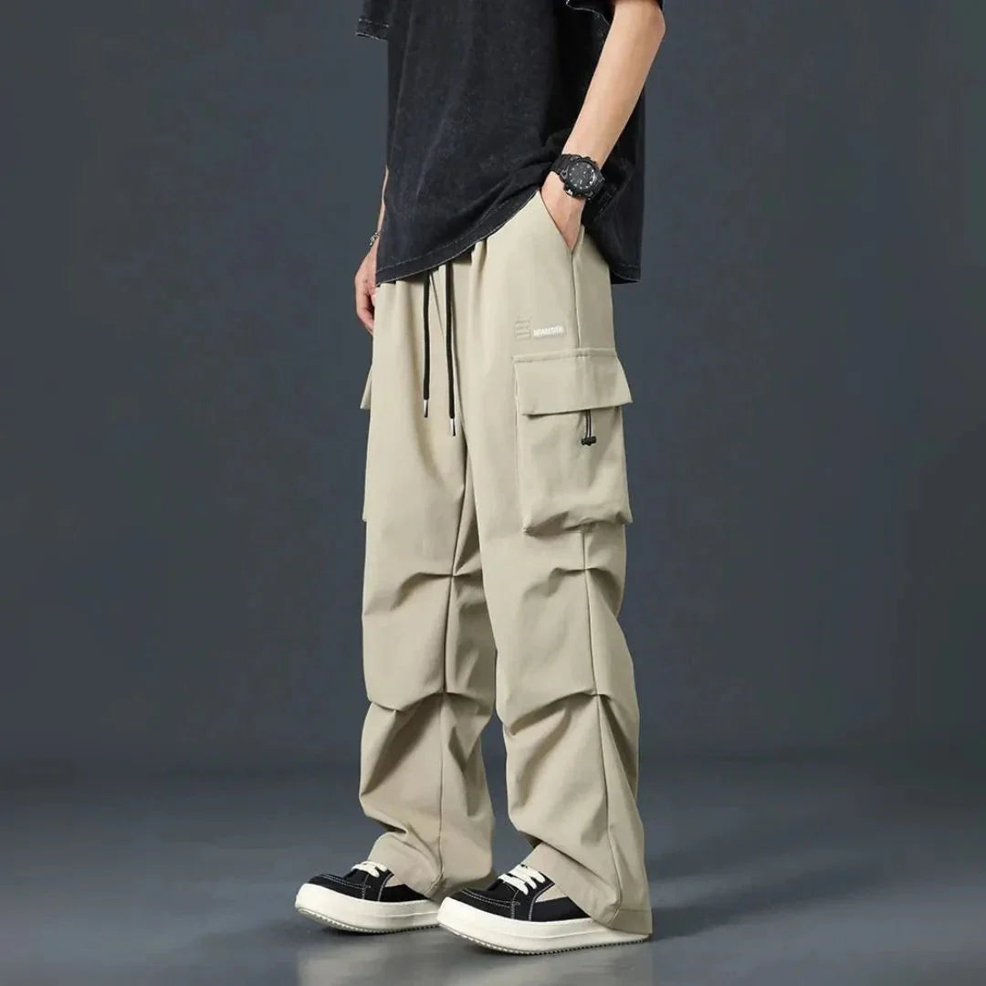 Men's olive cargo pants oversized streetwear fit with multi-pocket design and adjustable drawstring waist