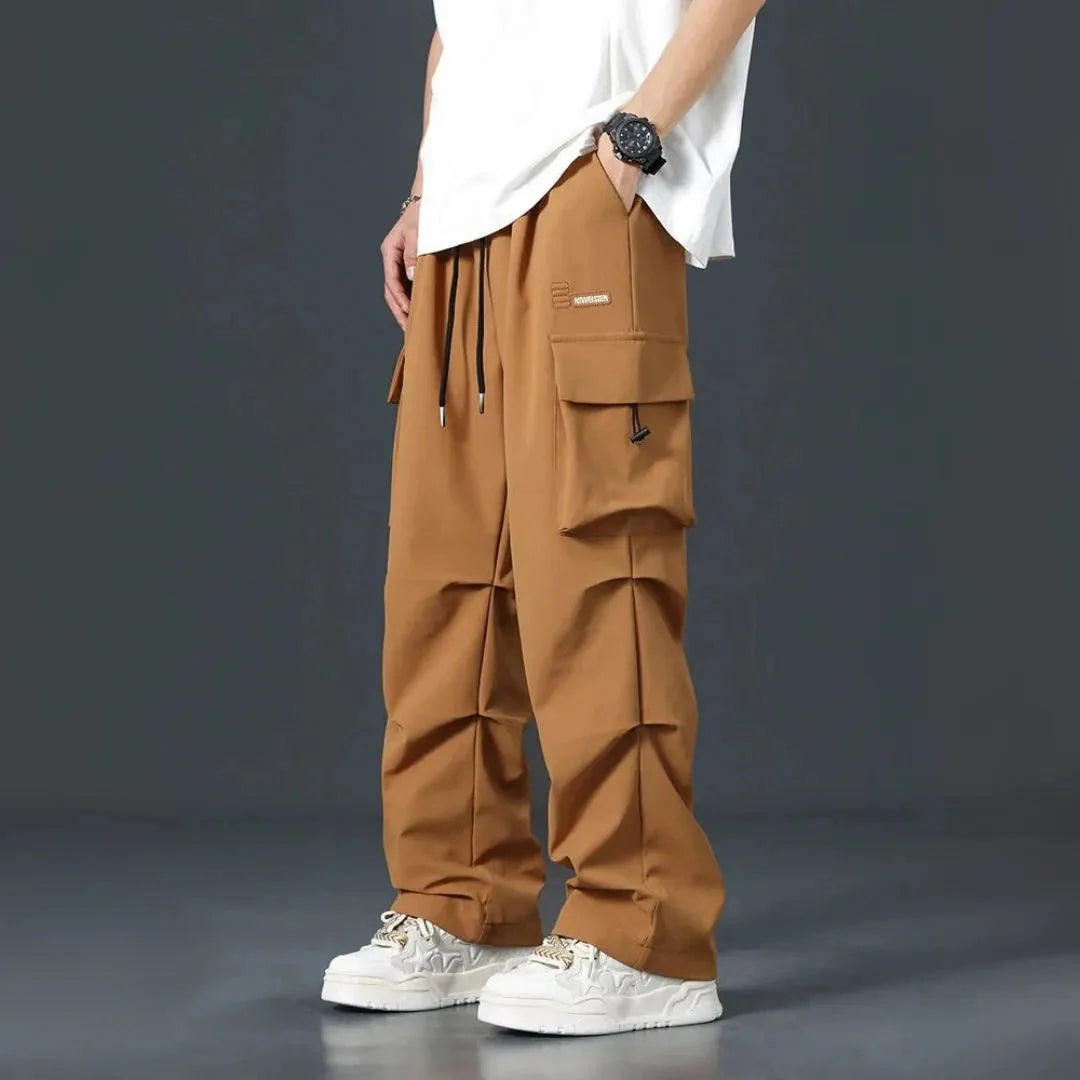 Men's olive cargo pants oversized streetwear fit with multi-pocket design and adjustable drawstring waist