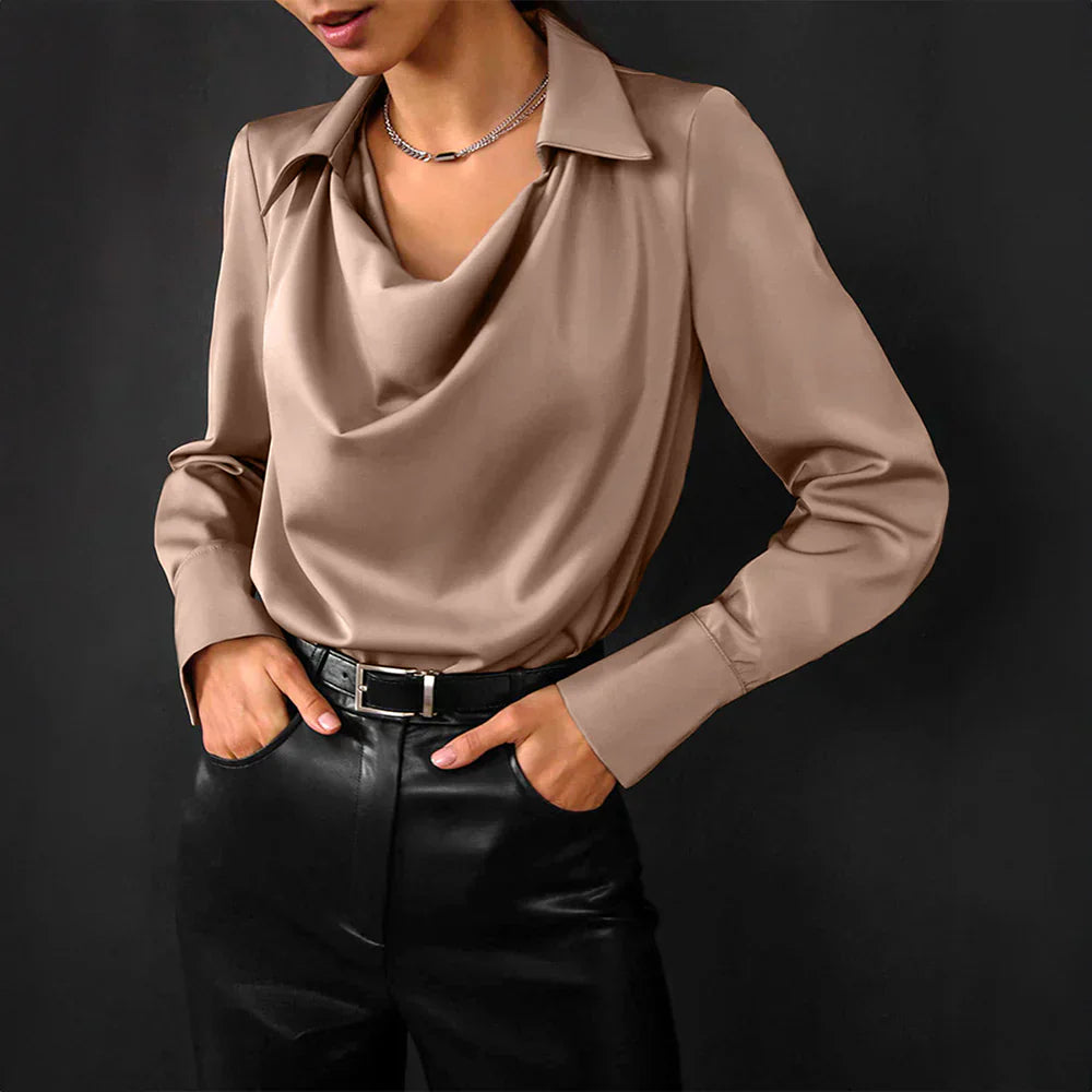 Women's ivory satin blouse draped neckline long sleeves elegant work-to-evening top