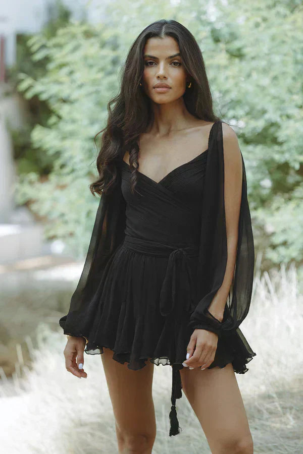 Flowy wrap mini dress with sheer long sleeves lightweight summer style adjustable wrap-front bodice
