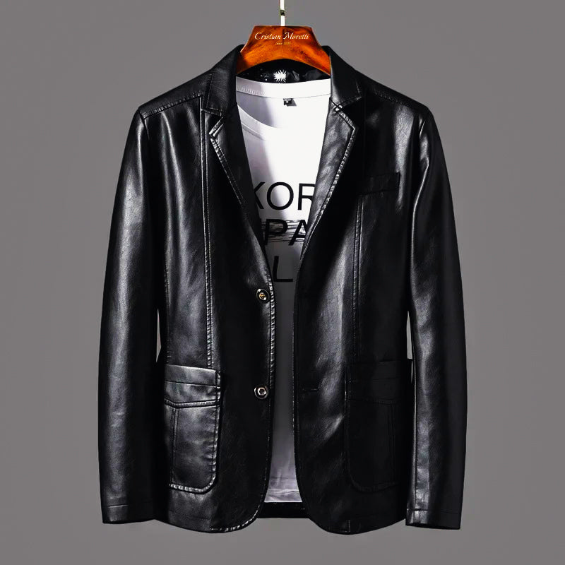 Men's black leather blazer regular fit collared button closure with front pockets